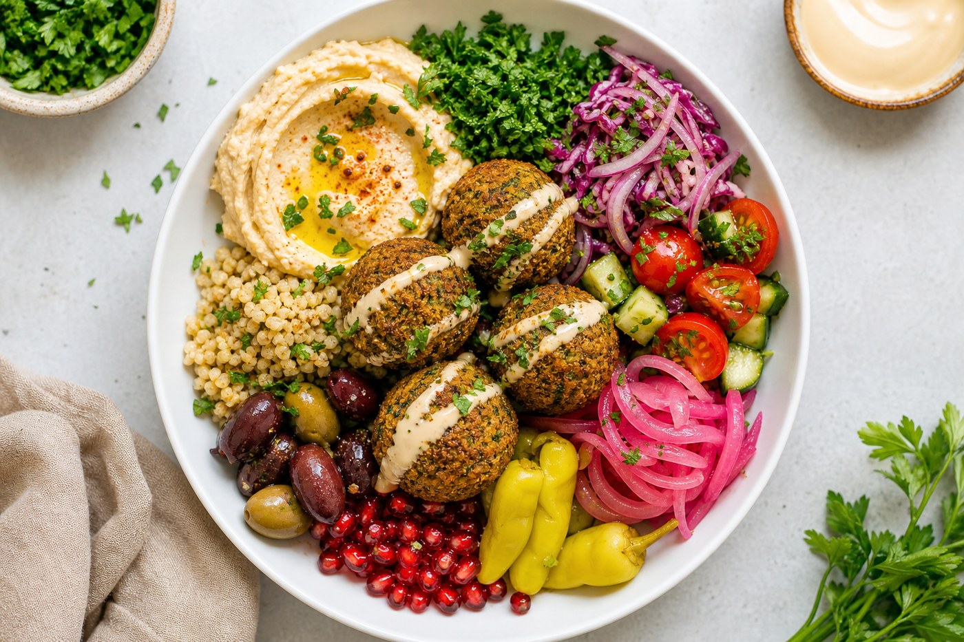 Falafel Garden Bowl with hummus and pickled vegetables