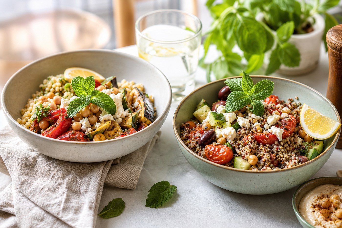 Two colorful Mediterranean bowls on a bright cafe table