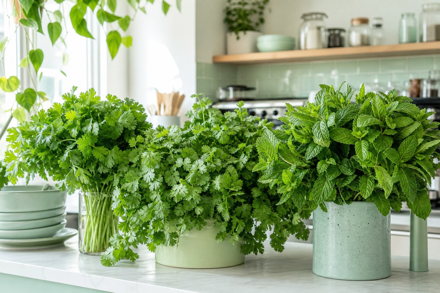 Fresh herb bundles in cafe kitchen